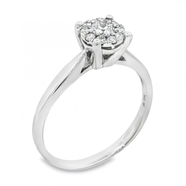 9ct White Gold Diamond Halo Cluster Ring - Size R - 0.37ct