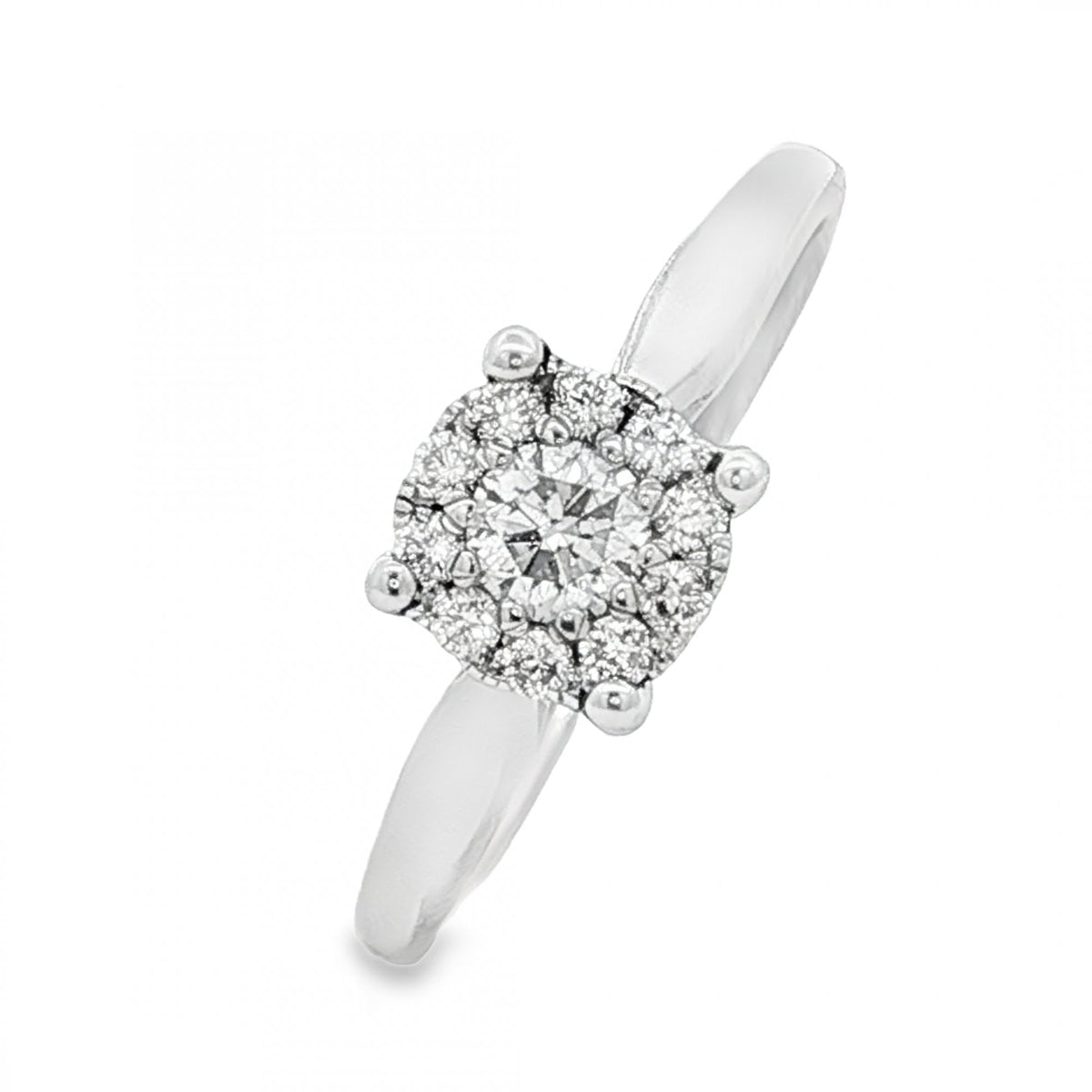 9ct White Gold Diamond Halo Cluster Ring - Size R - 0.37ct