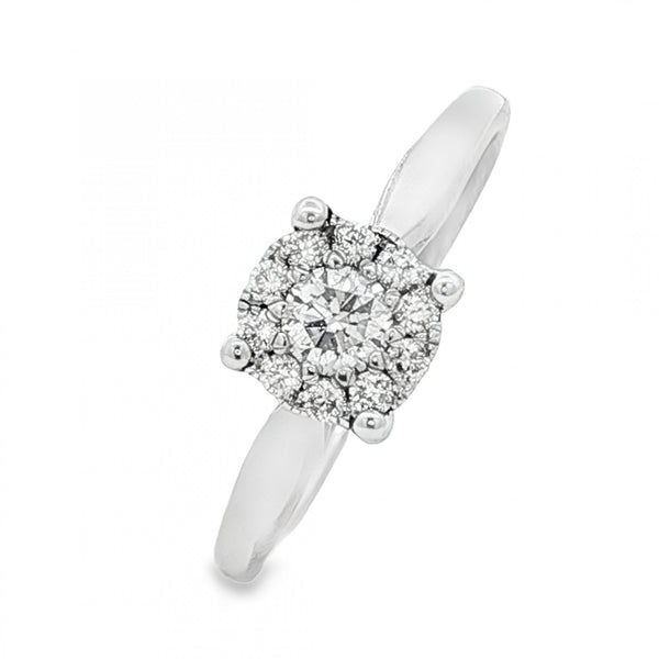 9ct White Gold Diamond Halo Cluster Ring - Size R - 0.37ct