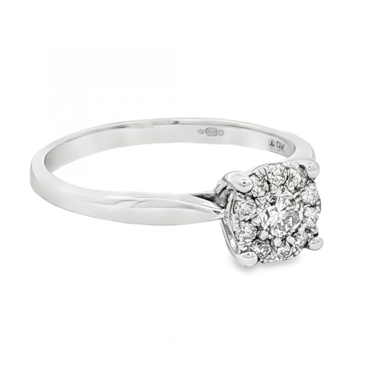 9ct White Gold Diamond Halo Cluster Ring - Size R - 0.37ct