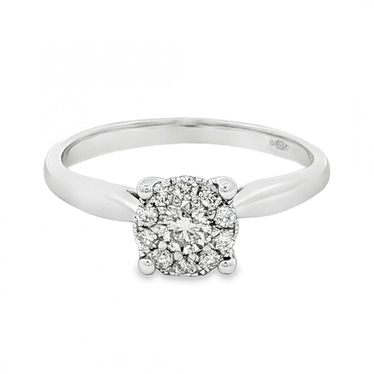 9ct White Gold Diamond Halo Cluster Ring - Size R - 0.37ct