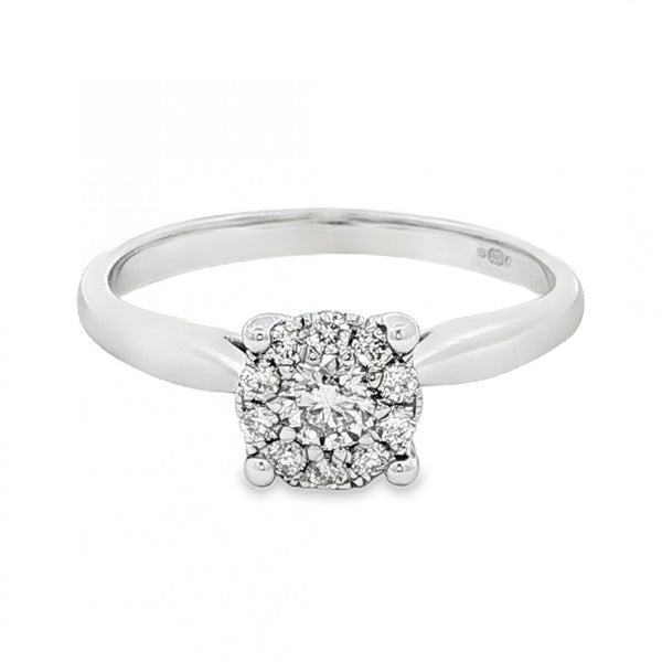 9ct White Gold Diamond Halo Cluster Ring - Size R - 0.37ct