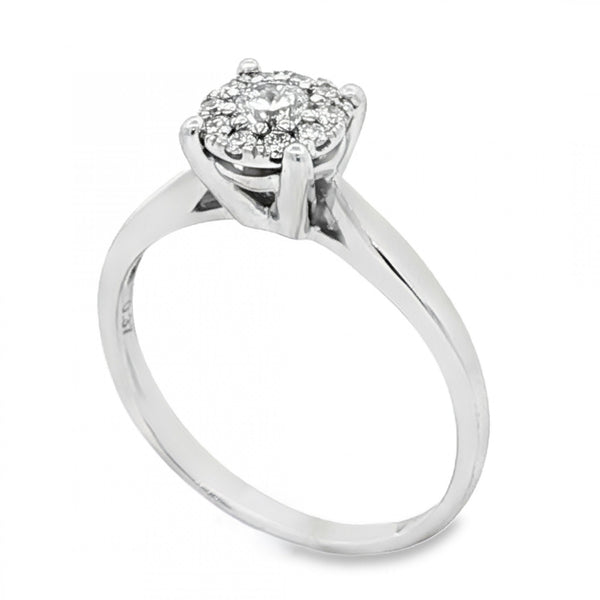 9ct White Gold Diamond Halo Cluster Ring - Size R - 0.37ct