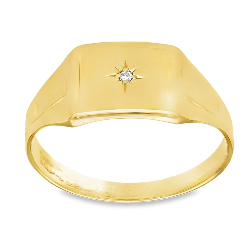 9ct Yellow Gold Cushion Diamond Signet Ring - Size Y½ - 0.01ct