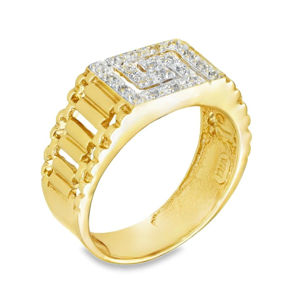 9ct Yellow Gold Diamond Greek-Key Signet Ring - Size S - 0.10ct