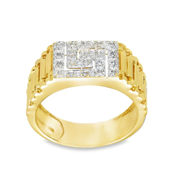 9ct Yellow Gold Diamond Greek-Key Signet Ring - Size S - 0.10ct