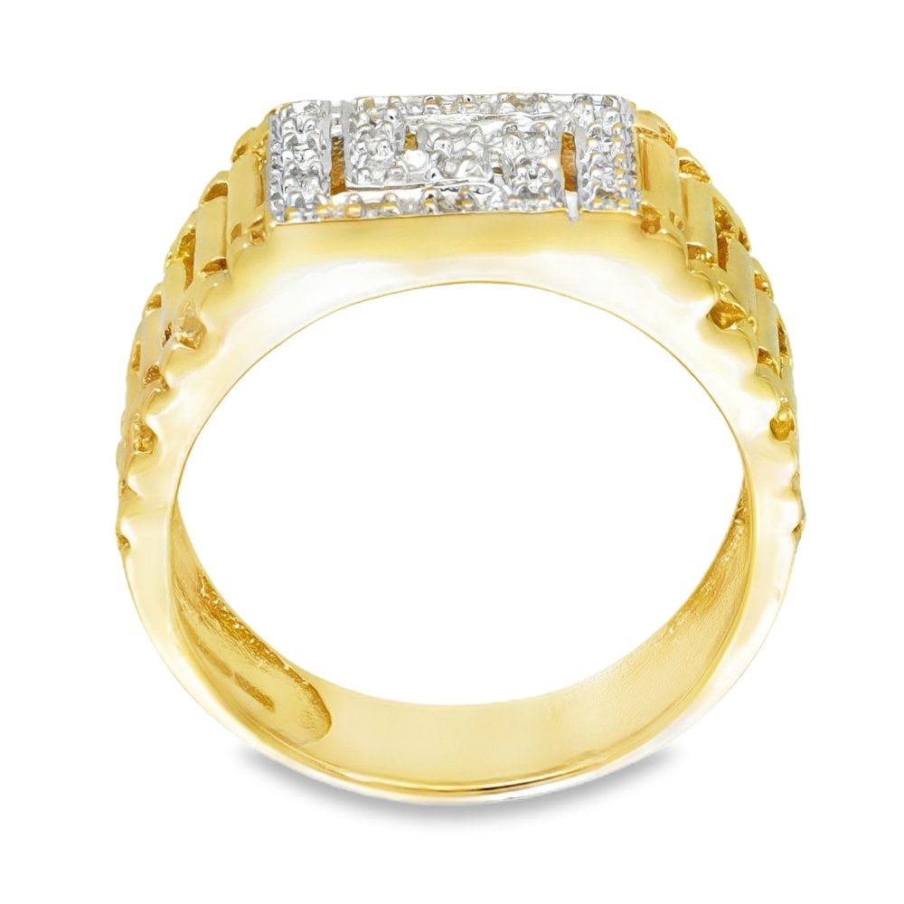 9ct Yellow Gold Diamond Greek-Key Signet Ring - Size S - 0.10ct