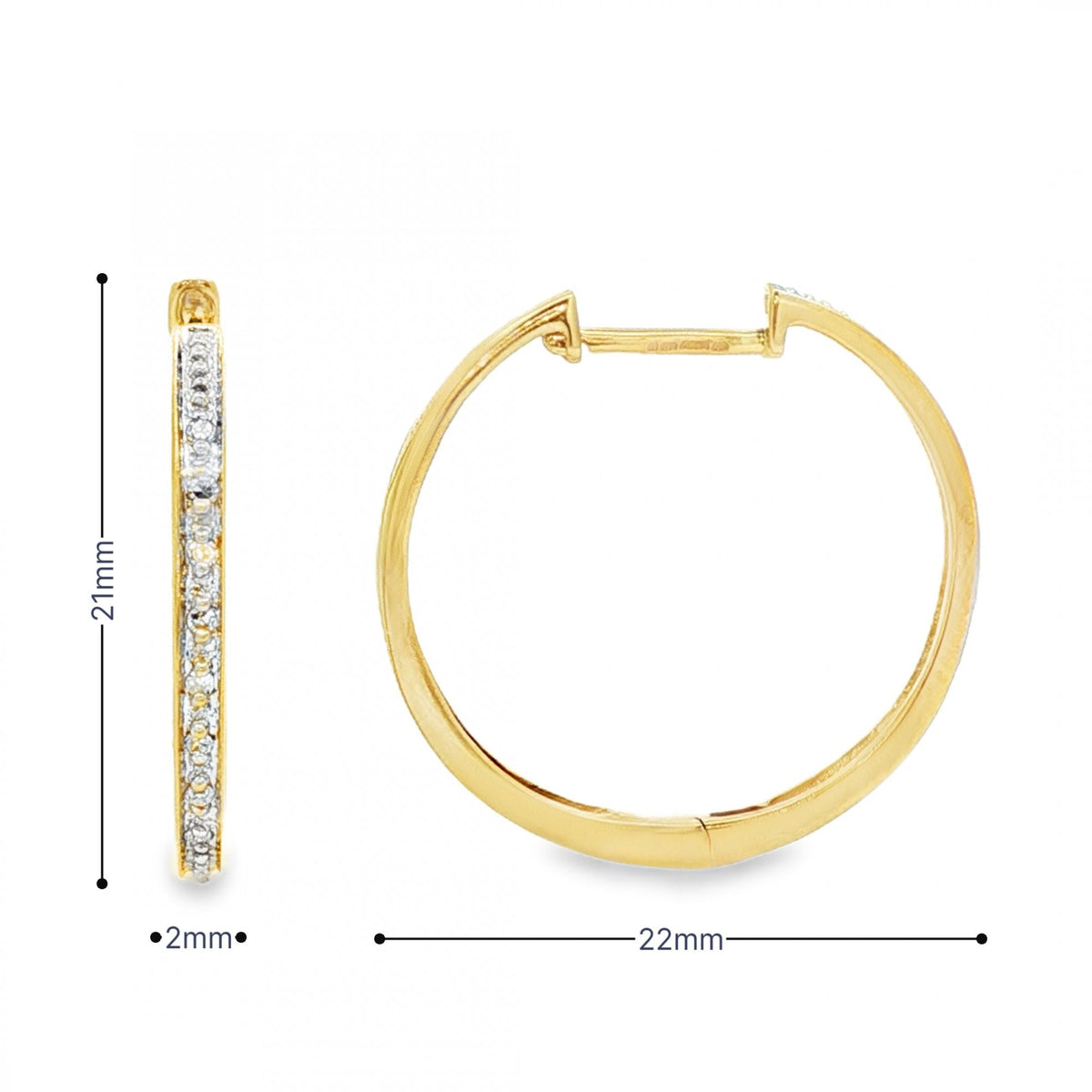 9ct Yellow Gold Diamond Hoop Earrings - 2x21x22mm - 0.08ct
