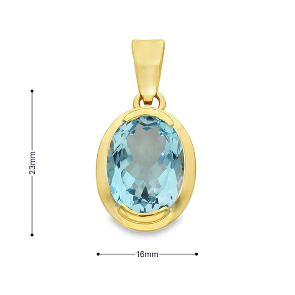 9ct Yellow Gold Oval Blue Topaz Pendant - 16x23x8mm - 7.83ct