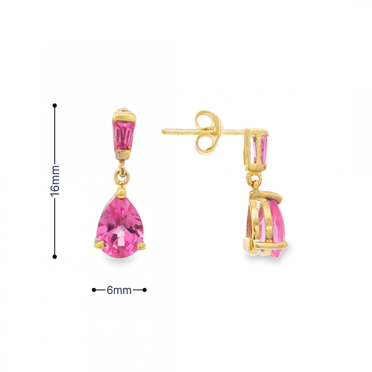 9ct Yellow Gold Pink Sapphire Drop Earrings - 6x16mm - 1.94ct