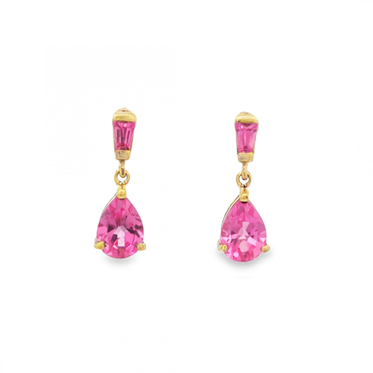 9ct Yellow Gold Pink Sapphire Drop Earrings - 6x16mm - 1.94ct