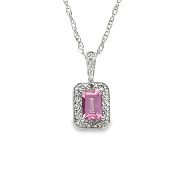 9ct White Gold Pink Sapphire & Diamond Pendant & Necklace - 17"