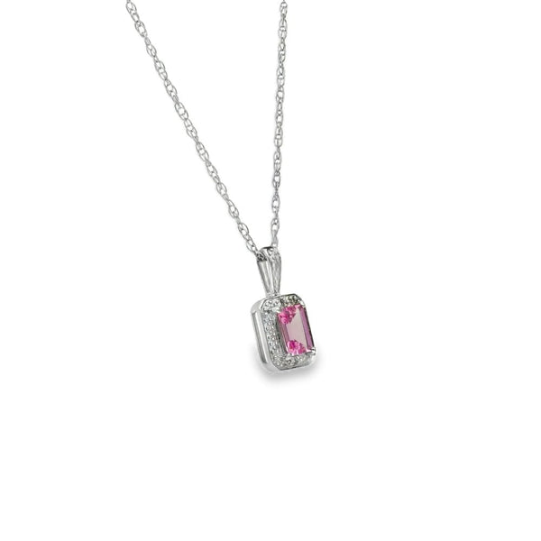 9ct White Gold Pink Sapphire & Diamond Pendant & Necklace - 17"