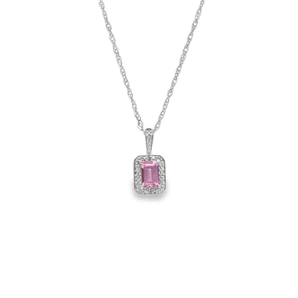 9ct White Gold Pink Sapphire & Diamond Pendant & Necklace - 17"