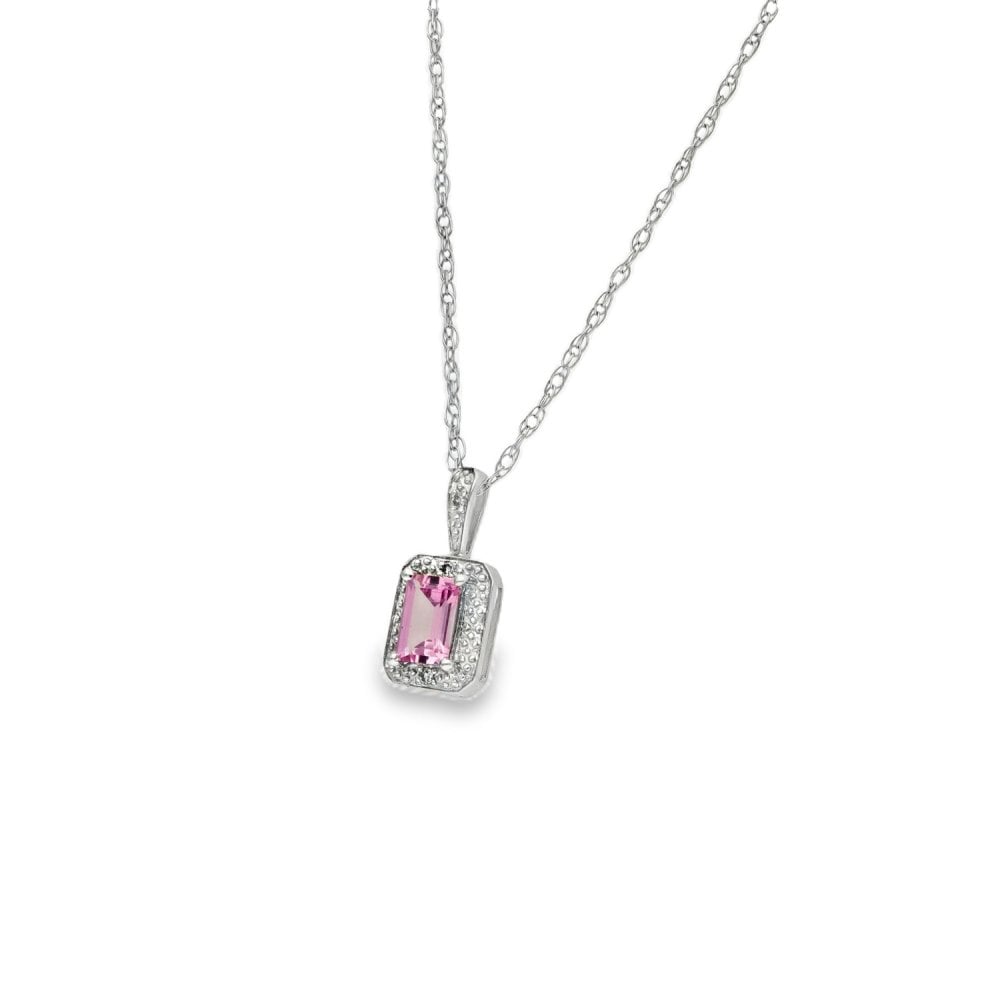 9ct White Gold Pink Sapphire & Diamond Pendant & Necklace - 17"