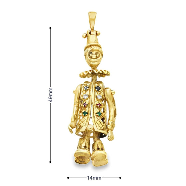 9ct Yellow Gold Multi-Gem Clown Pendant - 49x14x8mm - 8.2g