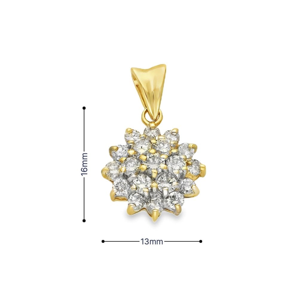 9ct Yellow Gold Diamond Cluster Pendant - 13x16x6mm - 0.97ct