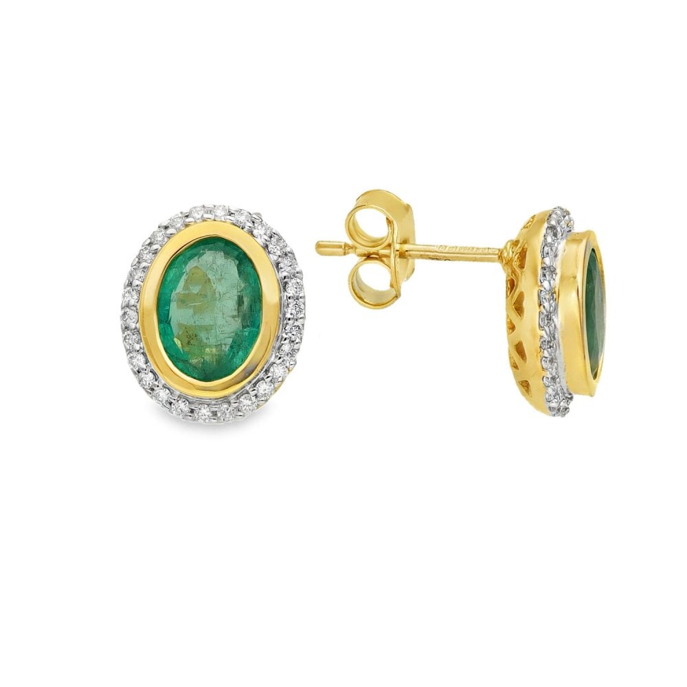 18ct Yellow Gold Emerald & Diamond Cluster Stud Earrings -1.48ct