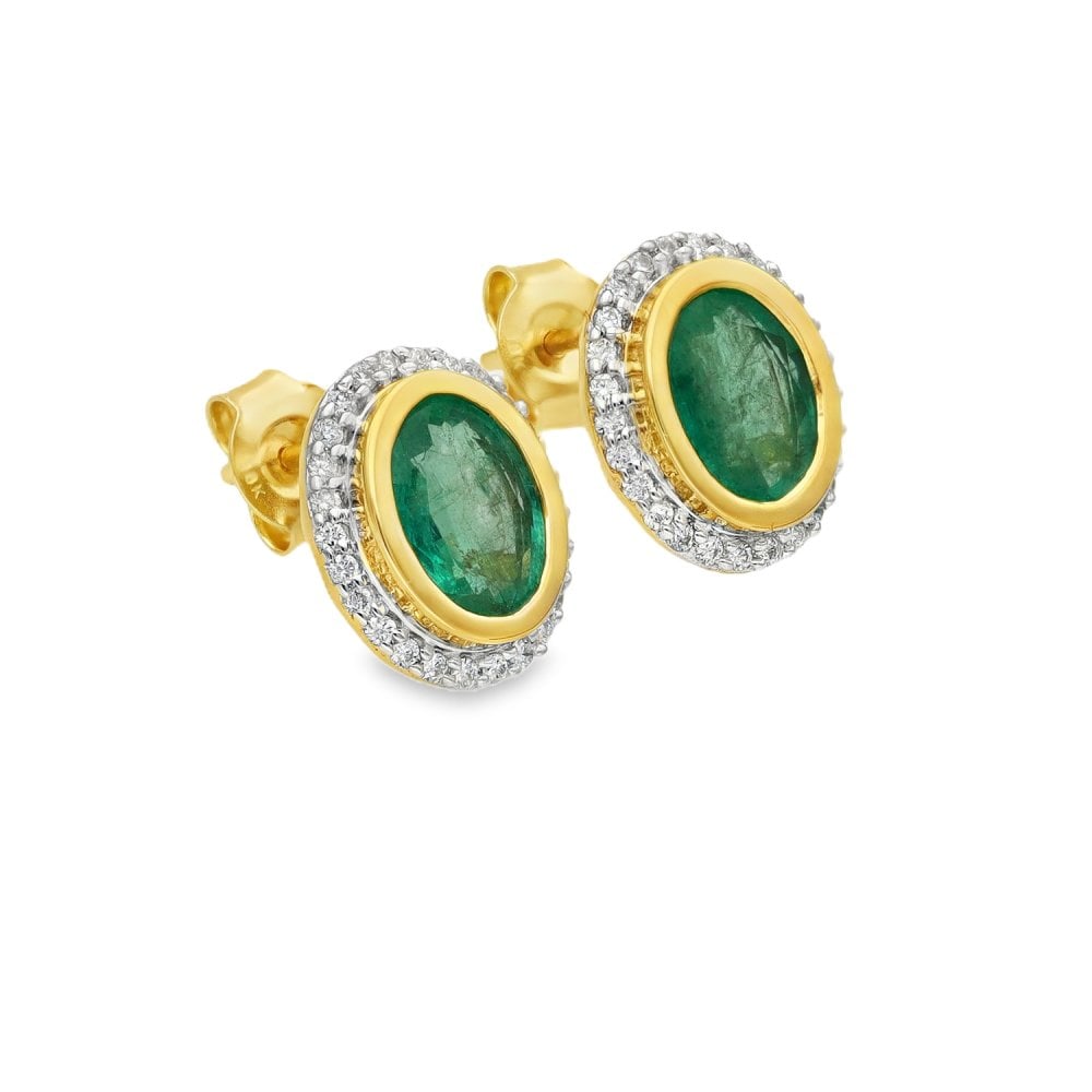 18ct Yellow Gold Emerald & Diamond Cluster Stud Earrings -1.48ct