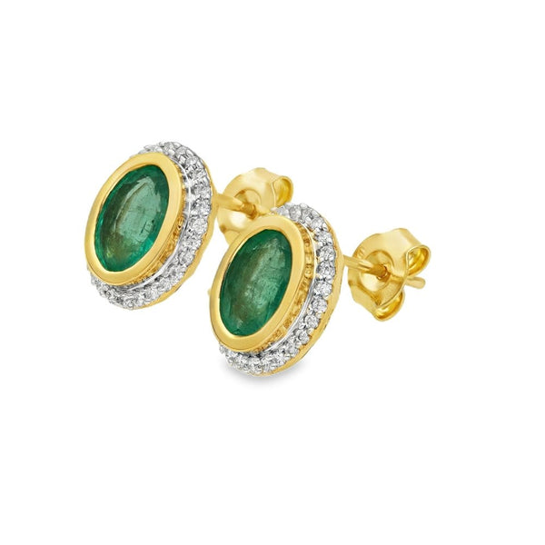 18ct Yellow Gold Emerald & Diamond Cluster Stud Earrings -1.48ct