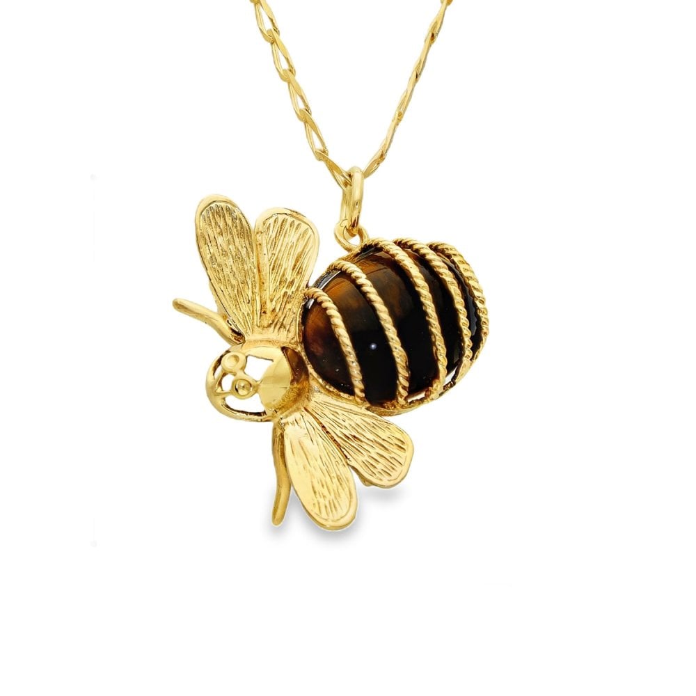 9ct Yellow Gold Tiger’s Eye Bee Pendant & Necklace - 20" - 8.4g