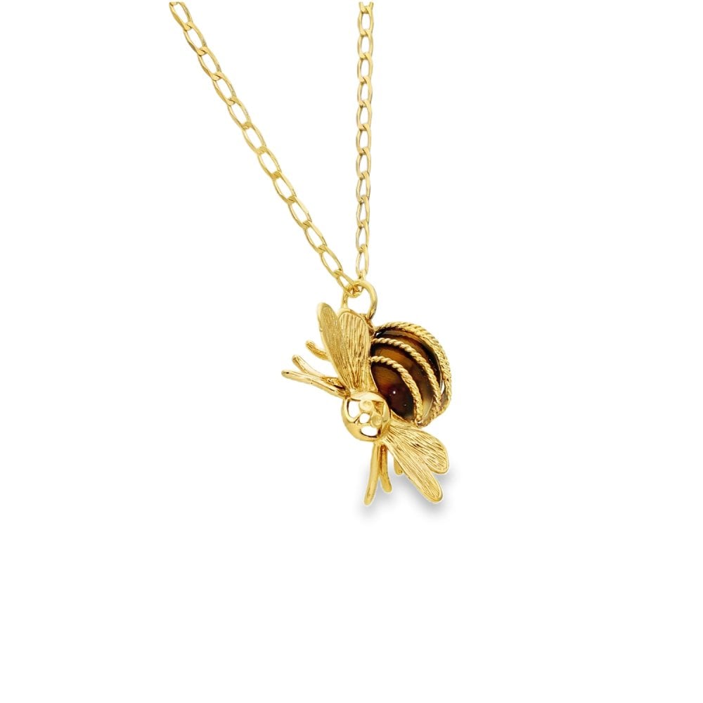 9ct Yellow Gold Tiger’s Eye Bee Pendant & Necklace - 20" - 8.4g