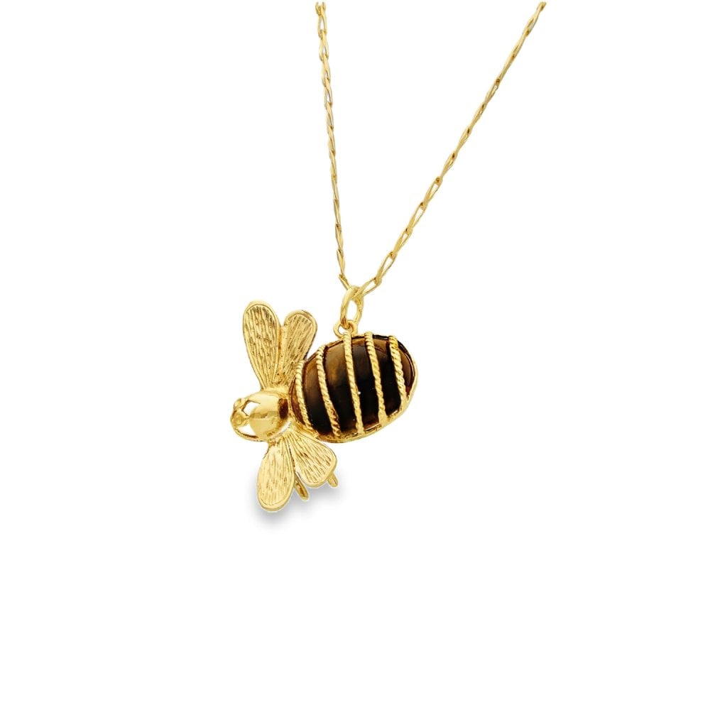 9ct Yellow Gold Tiger’s Eye Bee Pendant & Necklace - 20" - 8.4g
