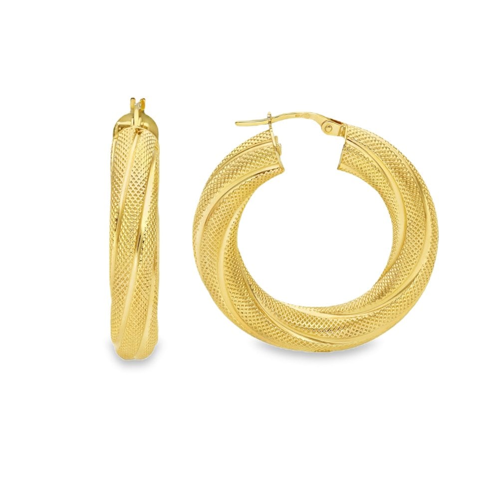 9ct Yellow Gold Twist-Pattern Hoop Earrings - 32x32x6mm - 6.3g