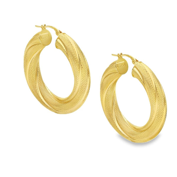 9ct Yellow Gold Twist-Pattern Hoop Earrings - 32x32x6mm - 6.3g