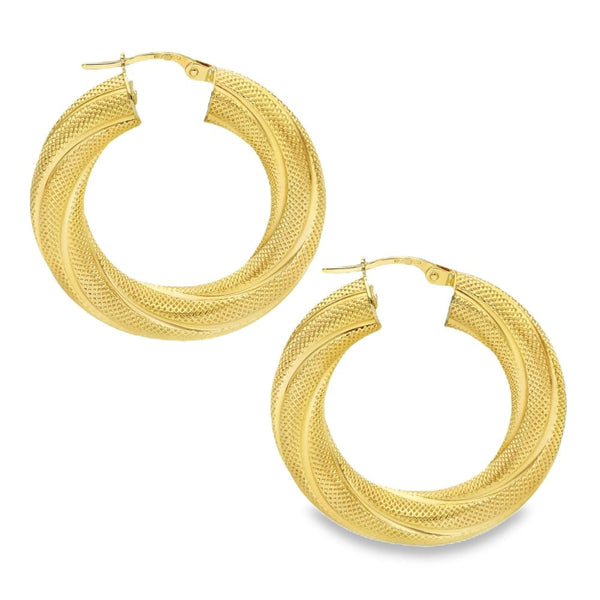 9ct Yellow Gold Twist-Pattern Hoop Earrings - 32x32x6mm - 6.3g