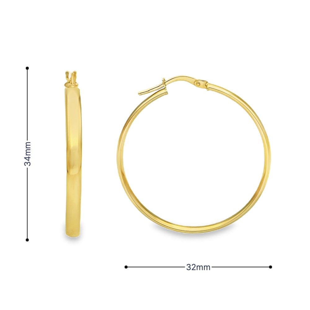 9ct Yellow Gold Large Fine Hoop Earrings - 32x34x3mm - 1.7g
