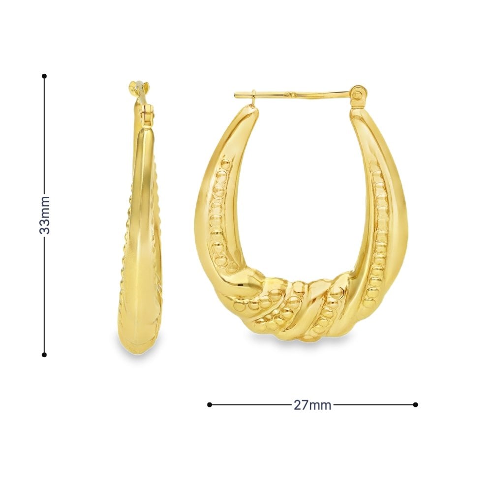 9ct Yellow Gold Beaded Ribbed Hoop Earrings - 27x33x5mm - 3.7g