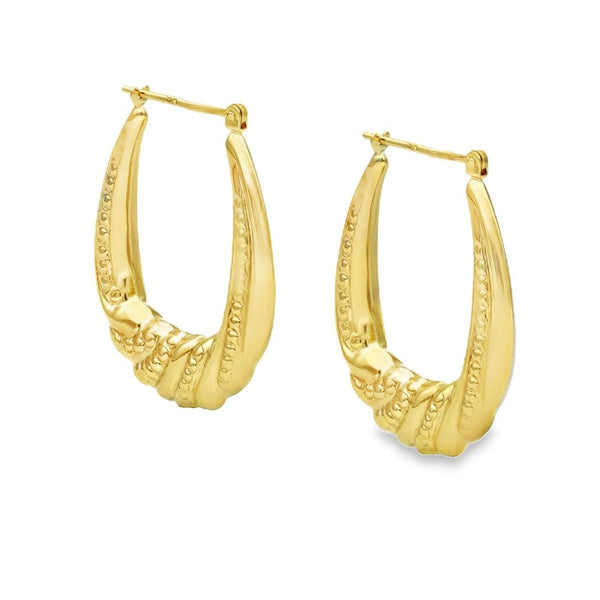 9ct Yellow Gold Beaded Ribbed Hoop Earrings - 27x33x5mm - 3.7g