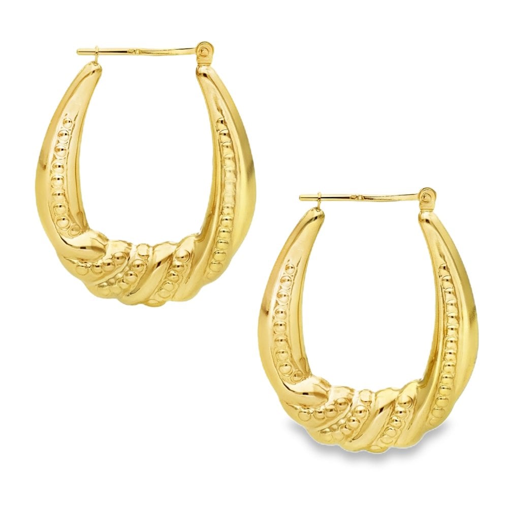 9ct Yellow Gold Beaded Ribbed Hoop Earrings - 27x33x5mm - 3.7g