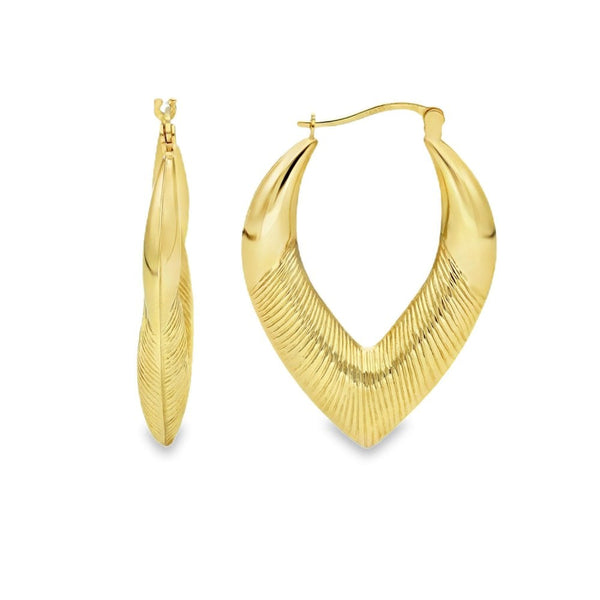 9ct Yellow Gold Patterned Pointed Hoop Earrings -27x37x6mm -3.0g