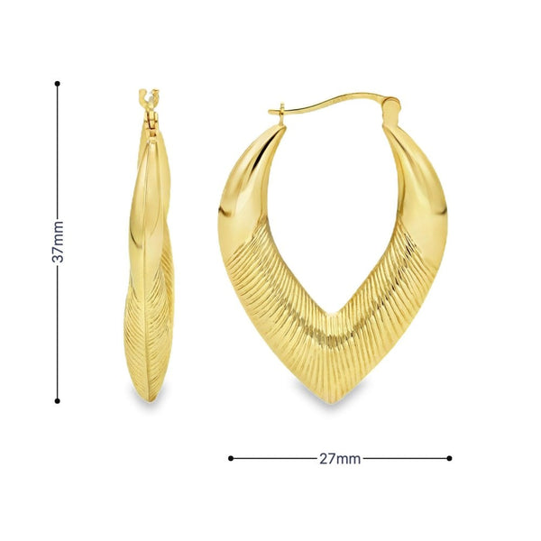 9ct Yellow Gold Patterned Pointed Hoop Earrings -27x37x6mm -3.0g