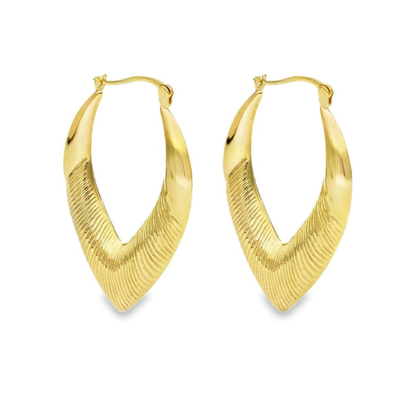 9ct Yellow Gold Patterned Pointed Hoop Earrings -27x37x6mm -3.0g