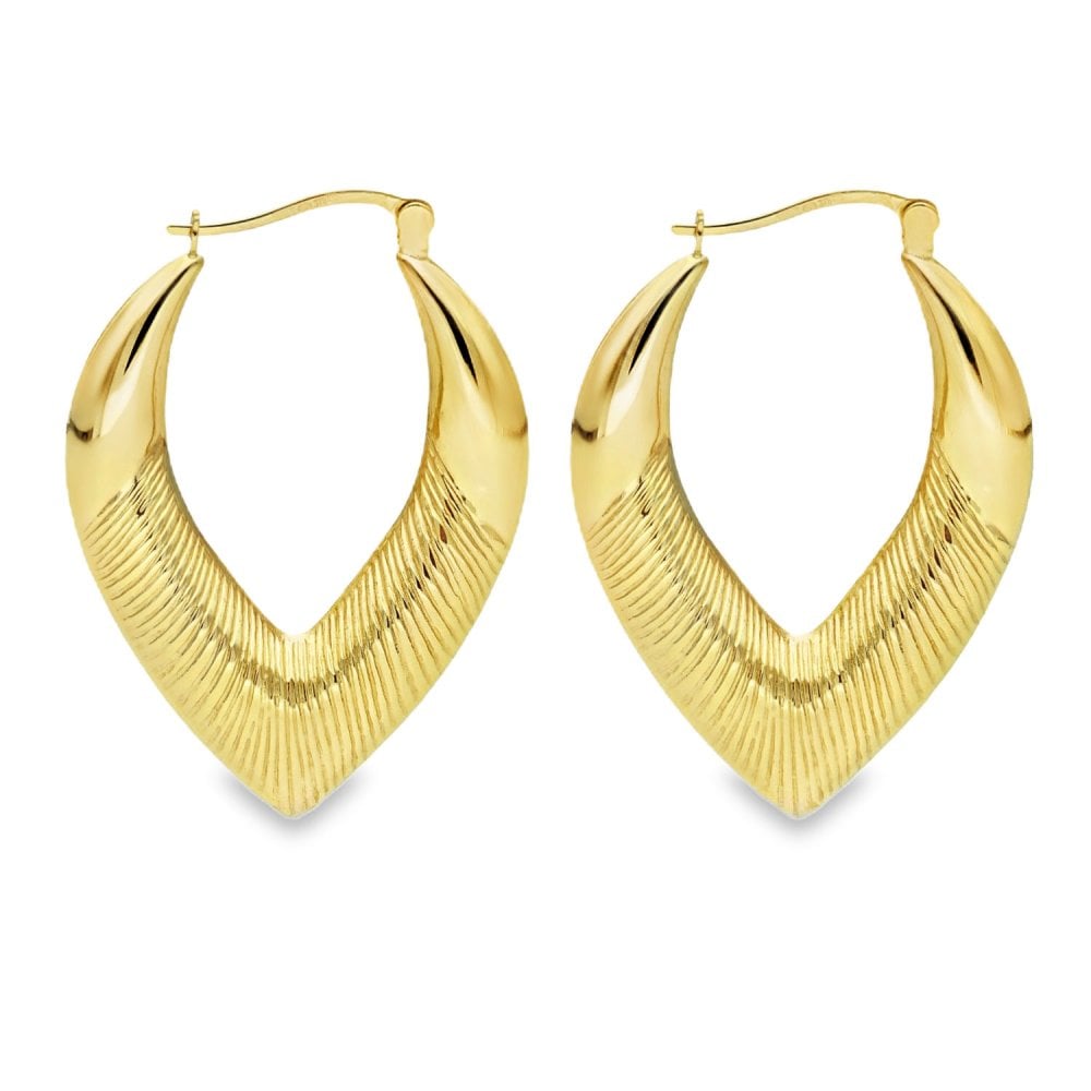 9ct Yellow Gold Patterned Pointed Hoop Earrings -27x37x6mm -3.0g