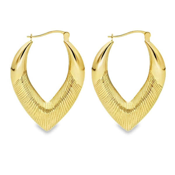 9ct Yellow Gold Patterned Pointed Hoop Earrings -27x37x6mm -3.0g