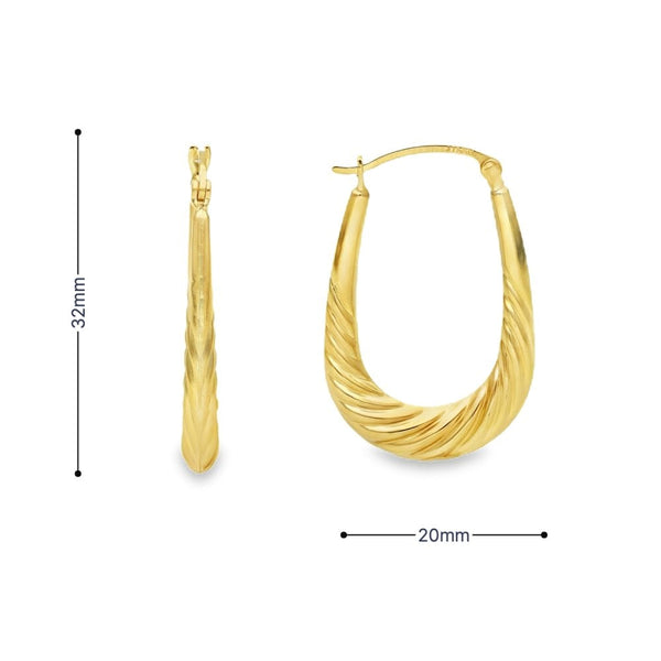 9ct Yellow Gold Oval Twist Hollow Hoop Earrings -20x32x4mm -1.5g