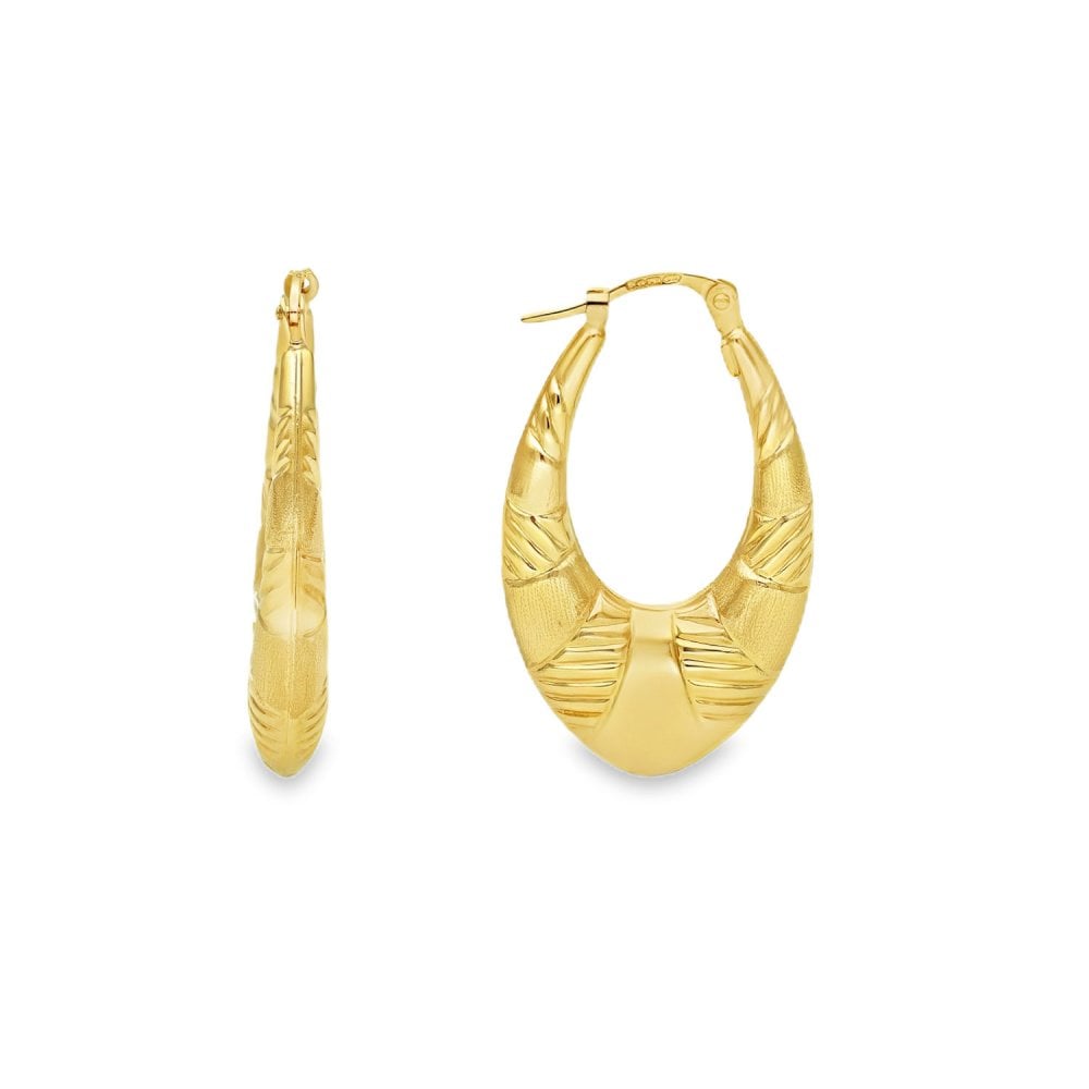 9ct Yellow Gold Patterned Hollow Hoop Earrings - 19x31x5mm -2.7g