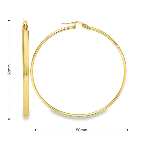9ct Yellow Gold Large Fine Hoop Earrings - 50x52x3mm - 2.7g