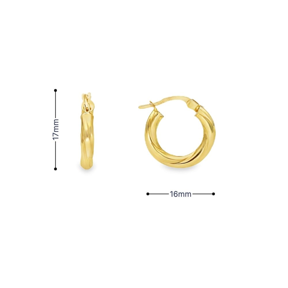 9ct Yellow Gold Twist-Engraved Hoop Earrings - 16x17x3mm - 1.0g