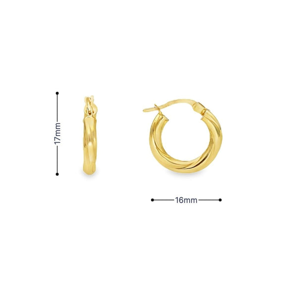 9ct Yellow Gold Twist-Engraved Hoop Earrings - 16x17x3mm - 1.0g