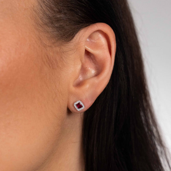 18ct White Gold Ruby & Diamond Cluster Stud Earrings - 0.12ct