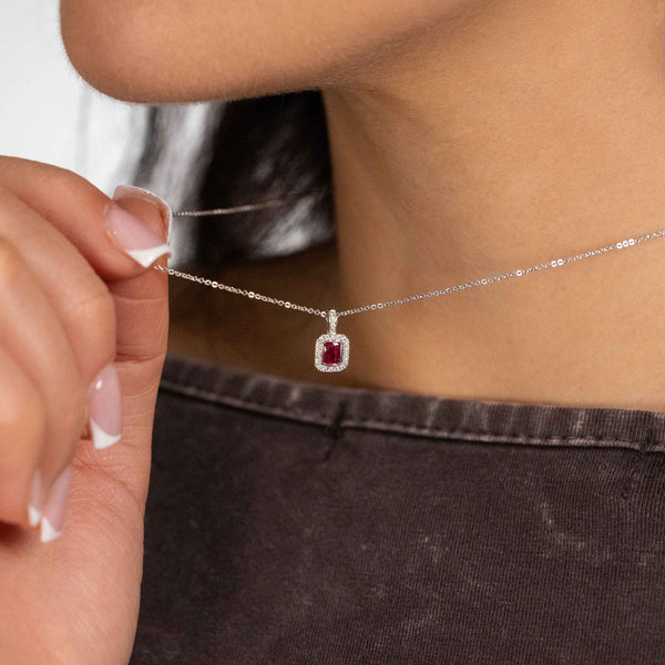18ct White Gold Ruby & Diamond Cluster Pendant & Chain - 0.10ct