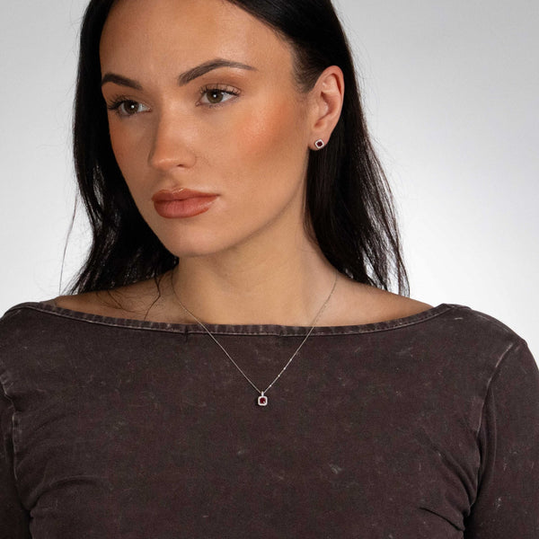 18ct White Gold Ruby & Diamond Cluster Pendant & Chain - 0.10ct