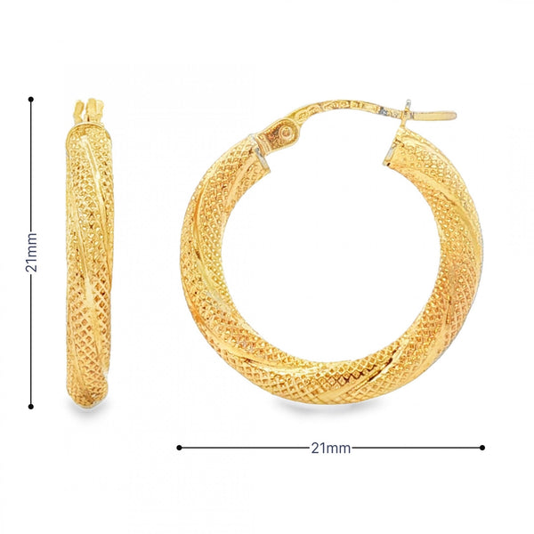 9ct Yellow Gold Twist Patterned Hoop Earrings - 3x21x21mm - 1.4g