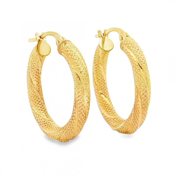 9ct Yellow Gold Twist Patterned Hoop Earrings - 3x21x21mm - 1.4g