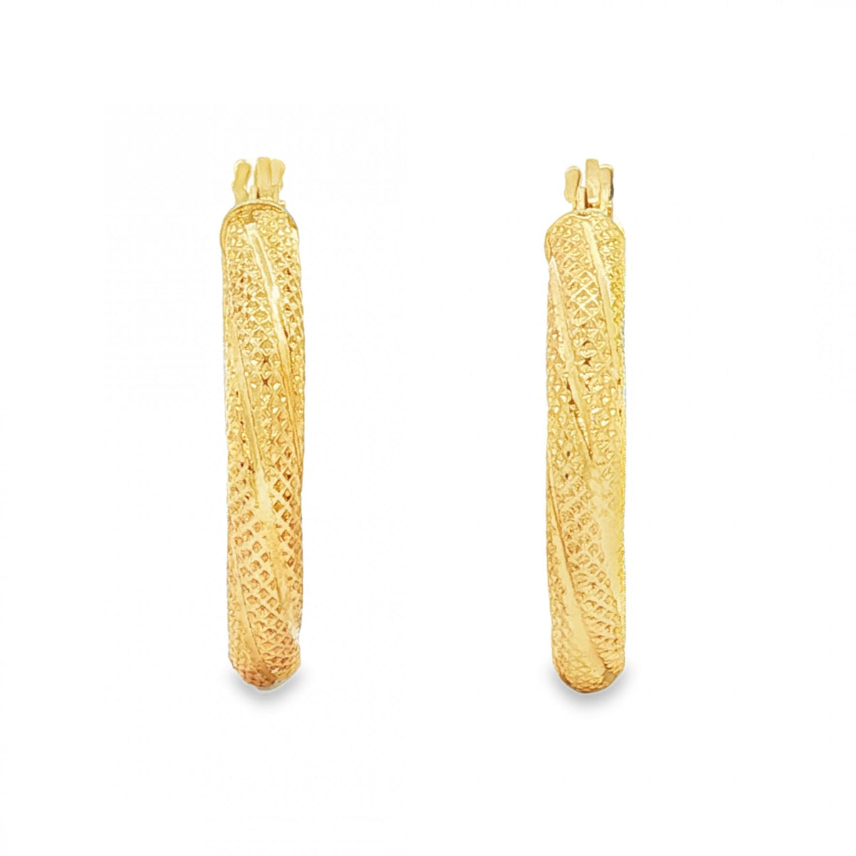9ct Yellow Gold Twist Patterned Hoop Earrings - 3x21x21mm - 1.4g